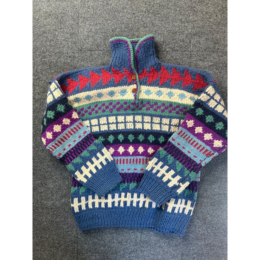 Vintage Hand Knit Wool Sweater Unisex XL Blue Multi Fair Isle Geometric Ecuador